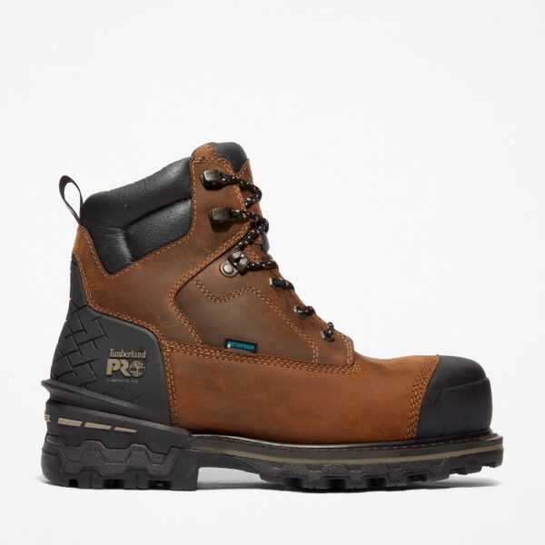 Right profile facing Timberland Boondock HD composite toe waterproof insulated men's 6-inch work boots in brown with a blank background.