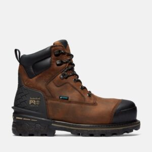 Right profile facing Timberland Boondock HD composite toe waterproof men's 6-inch work boot in brown with blank background.