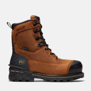 Right profile facing Timberland Boondock composite toe waterproof men's 8-inch work boot in brown with blank background.
