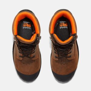 Overhead shot of a pair of Timberland Boondock HD Logger composite toe waterproof men's work boots in brown with a blank background.