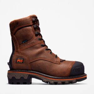 Right profile facing Timberland Boondock HD Logger composite toe waterproof men's work boot in brown with blank background.