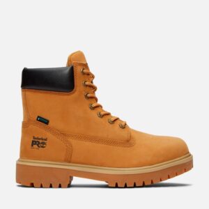 Right profile facing Timberland Direct Attach waterproof soft toe 6-inch men's work boot in wheat with a blank background.