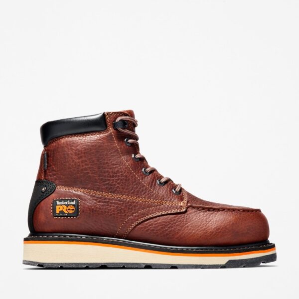 Right profile facing Timberland Gridworks alloy toe waterproof men's 6-inch work boot in brown with blank background.
