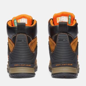 A look at the heels of a pair of Timberland Hypercharge soft toe waterproof men's 6-inch work boots in tan with a blank background.