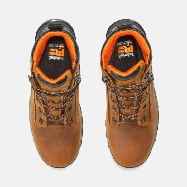 Overhead shot of a pair of Timberland Hypercharge soft toe waterproof men's 6-inch work boots in tan with a blank background.
