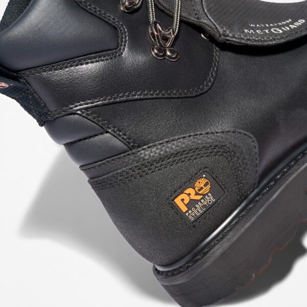 Close up of Timberland Met Guard waterproof 8-inch men's work boot in black showing PRO Series Steel Toe tag with a blank background.
