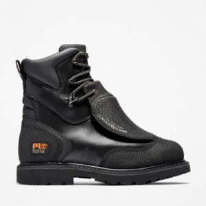 Right profile facing Timberland Met Guard waterproof steel toe 8-inch men's work boot in black with a blank background.