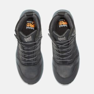 Overhead shot of a pair of Timberland Payload composite toe men's 6-inch work boots in black and gray with a blank background.
