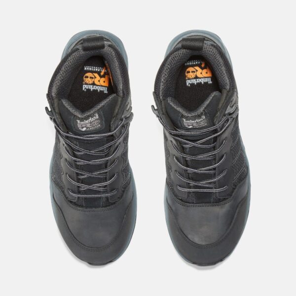 Overhead shot of a pair of Timberland Payload composite toe men's 6-inch work boots in black and gray with a blank background.