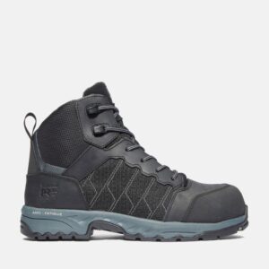 Right profile facing Timberland Payload composite toe men's 6-inch work boot in black and gray with blank background.
