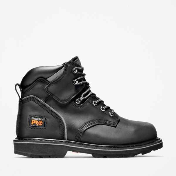 Right profile facing Timberland Pit Boss steel toe 6-inch men's work boot in black with a blank background.
