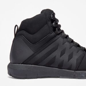 Close up of Timberland Radius composite toe men's high top work sneakers in black showing PRO stamp with a blank background.