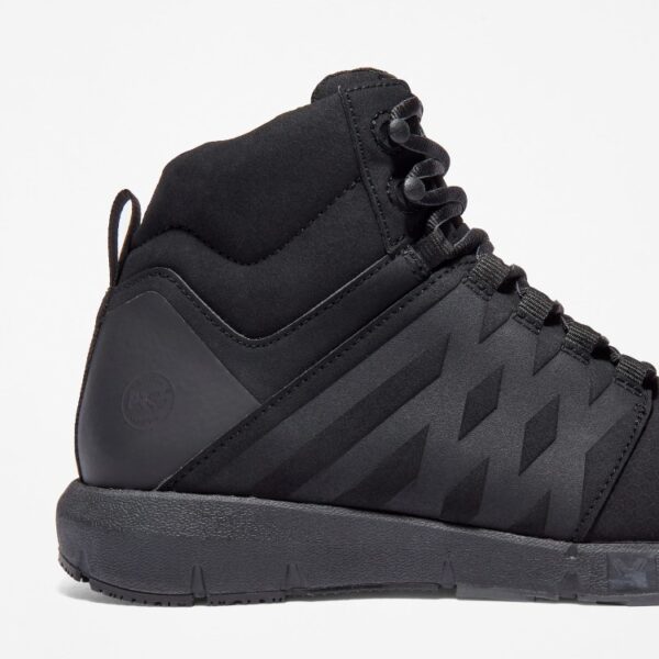 Close up of Timberland Radius composite toe men's high top work sneakers in black showing PRO stamp with a blank background.