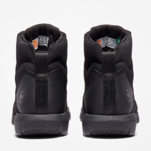 A look at the heels of a pair of Timberland Radius composite toe men's high top work sneakers in black with a blank background.