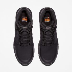 Overhead shot of a pair of Timberland Radius composite toe men's high top work sneakers in black with a blank background.