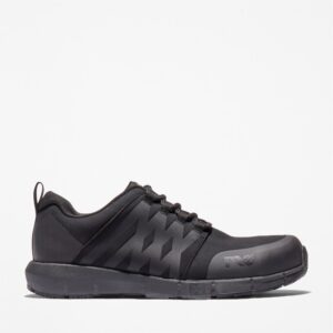 Right profile facing Timberland Radius composite toe men's low top work sneakers in black with blank background.