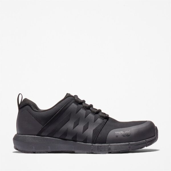 Right profile facing Timberland Radius composite toe men's low top work sneakers in black with blank background.