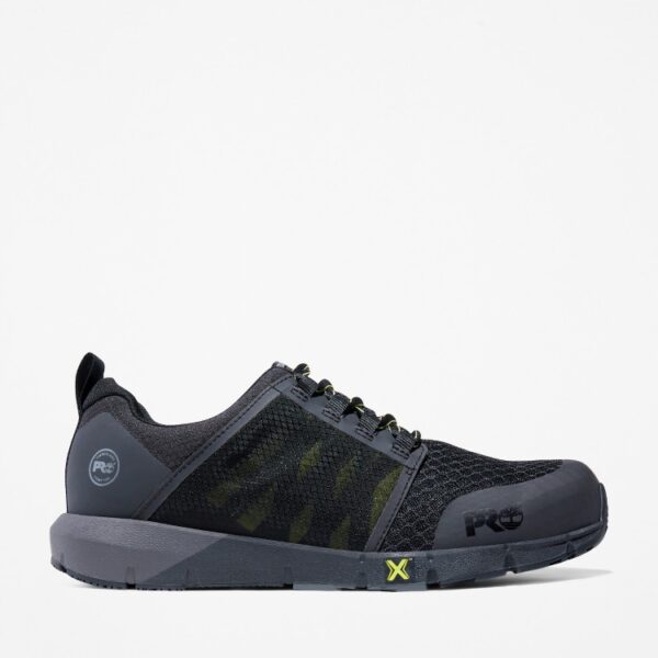 Right profile facing Timberland Radius composite toe men's low top work sneakers in black and green with blank background.
