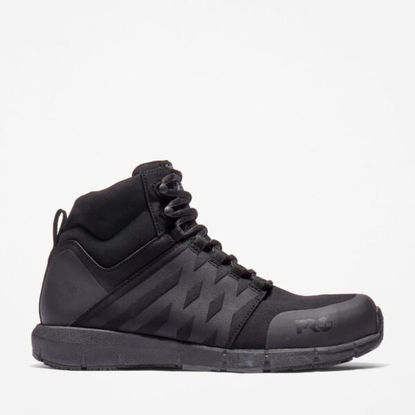 Right profile facing Timberland Radius composite toe men's high top work sneakers in black with blank background.