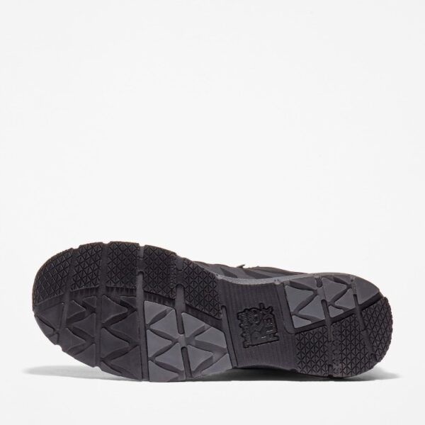 The sole of the right boot on a Timberland Radius composite toe men's high top work sneakers in black with a blank background.