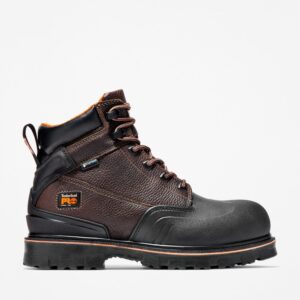 Right profile facing Timberland Rigmaster steel toe waterproof 6-inch men's work boot in brown and blank background.