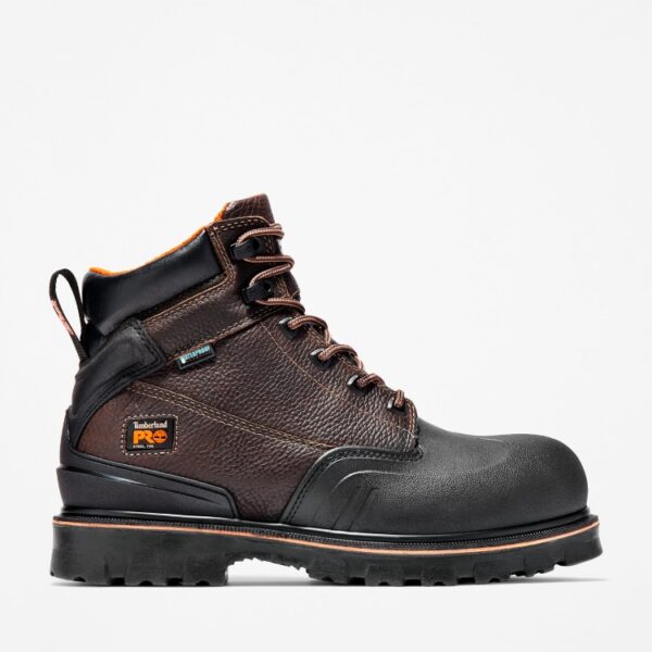 Right profile facing Timberland Rigmaster steel toe waterproof 6-inch men's work boot in brown and blank background.