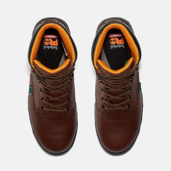 Overhead shot of a pair of Timberland TiTAN Alloy Toe Waterproof 6" Men's Work Boot with a blank background.