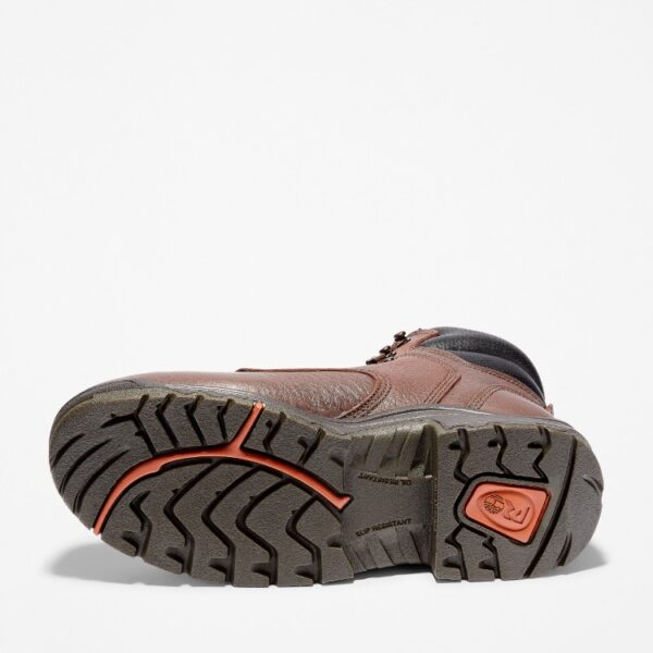 The sole of the right boot on a Timberland TiTAN Alloy Toe Waterproof 6" Men's Work Boot with a blank background.