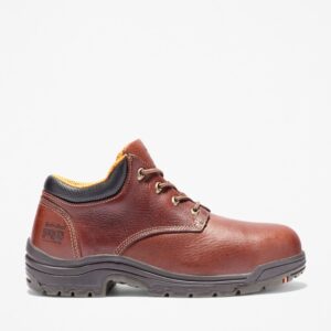 Right profile facing Timberland TiTAN casual alloy toe men's work shoe in brown with a blank background.