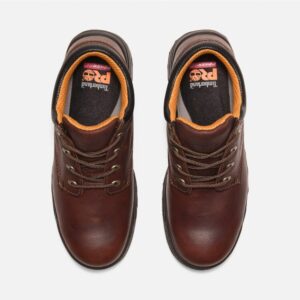 Overhead shot of a pair of Timberland TiTAN casual soft toe men's work shoes in brown with a blank background.