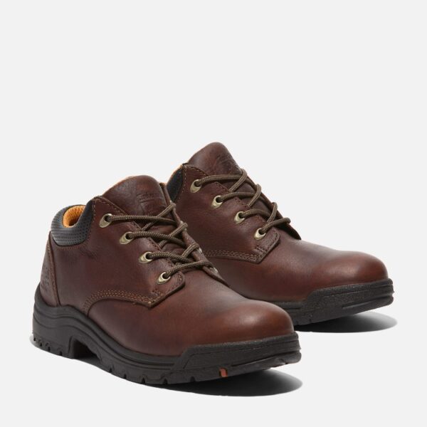 A turned pair of Timberland TiTAN casual soft toe men's work shoes in brown with a blank background.