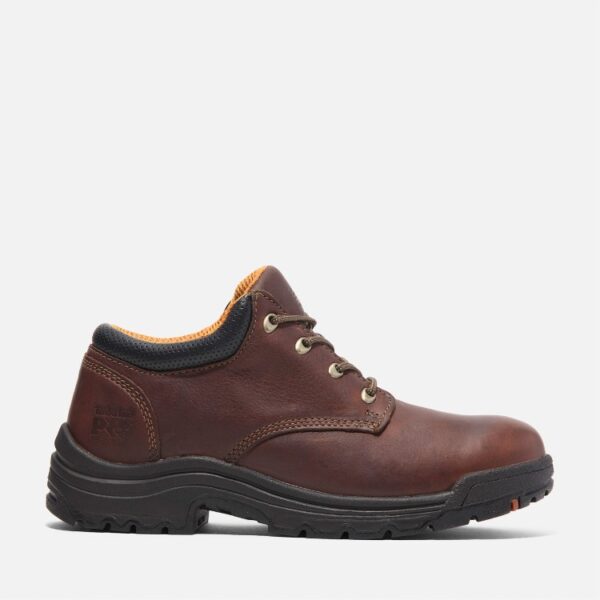 Right profile facing Timberland TiTAN casual soft toe men's work shoe in brown with a blank background.