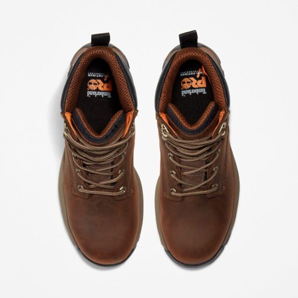 Overhead look at a pair of Timberland TiTAN EV composite toe men's 6-inch work boots in brown on a blank background.