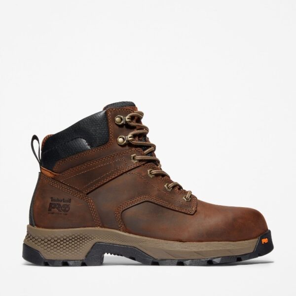 Right profile facing Timberland TiTAN EV composite toe men's 6-inch work boots in brown with a blank background.