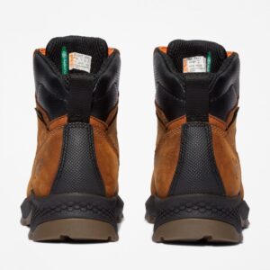 A look at the heels of a pair of Timberland TiTAN EV soft toe waterproof men's 6-inch work boots in light brown with a blank background.