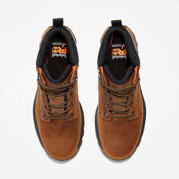 Overhead look at a pair of Timberland TiTAN EV soft toe waterproof men's 6-inch work boots in light brown on a blank background.