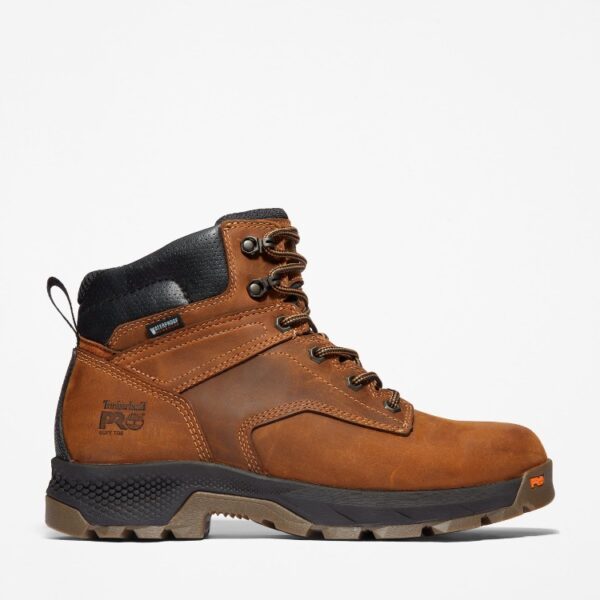 Right profile facing Timberland TiTAN EV soft toe waterproof men's 6-inch work boots in light brown with a blank background.