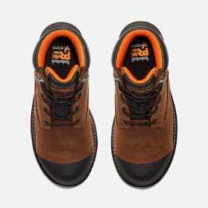 Overhead shot of a pair of Timberland PRO Boondock composite toe 6-inch waterproof men's work boots in brown with a blank background.
