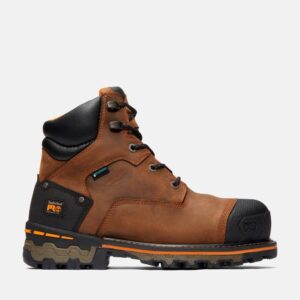 Right profile facing Timberland PRO Boondock composite toe waterproof 6-inch men's work boot in brown with blank background.
