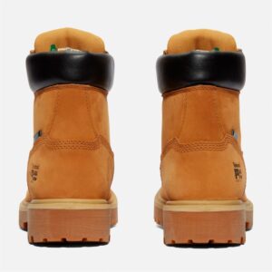 A look at the heels of a pair of Timberland PRO Direct Attach steel toe waterproof insulated 6-inch men's work boots in wheat with a blank background.