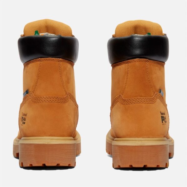 A look at the heels of a pair of Timberland PRO Direct Attach steel toe waterproof insulated 6-inch men's work boots in wheat with a blank background.