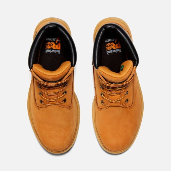 Overhead shot of a pair of Timberland PRO Direct Attach waterproof insulated steel toe 6-inch men's work boots in wheat with a blank background.