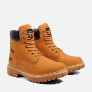 A turned pair of Timberland PRO Direct Attach steel toe 6-inch waterproof insulated men's work boots in wheat with a blank background.