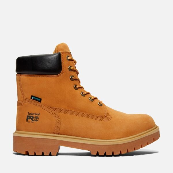Right profile facing Timberland PRO Direct Attach waterproof insulated steel toe 6-inch men's work boot in wheat with a blank background.