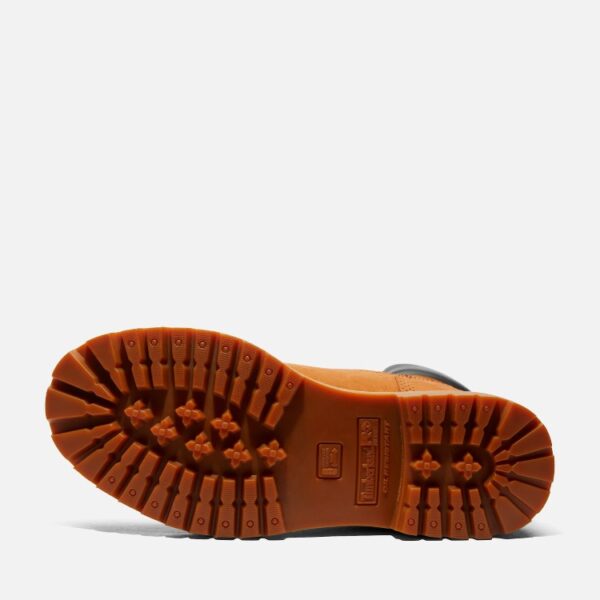 The sole of the right boot on a Timberland PRO Direct Attach steel toe waterproof insulated 6-inch men's work boot in wheat with a blank background.