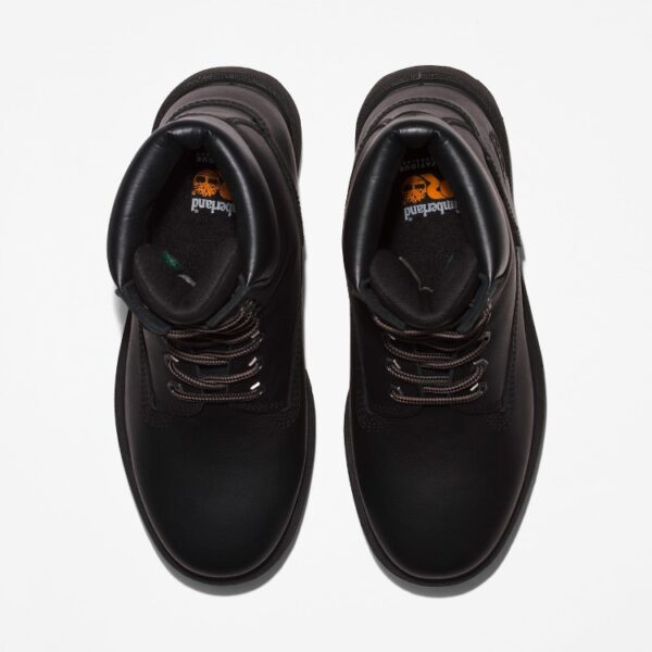 Overhead shot of a pair of Timberland PRO Direct Attach Waterproof Insulated Soft Toe 6" Men's Work Boots in black with a blank background.