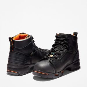 Offset pair of Timberland PRO Endurance waterproof steel toe 6-inch men's work boot in black with a blank background.