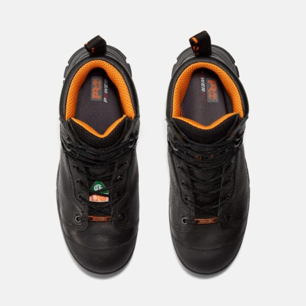 Overhead shot of a pair of Timberland PRO Endurance waterproof steel toe 6-inch men's work boots in black with a blank background.
