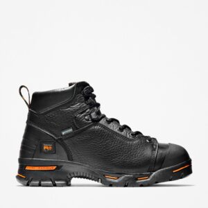 Right profile facing Timberland PRO Endurance steel toe waterproof 6-inch men's work boot in black with a blank background.