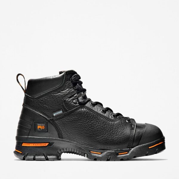 Right profile facing Timberland PRO Endurance steel toe waterproof 6-inch men's work boot in black with a blank background.